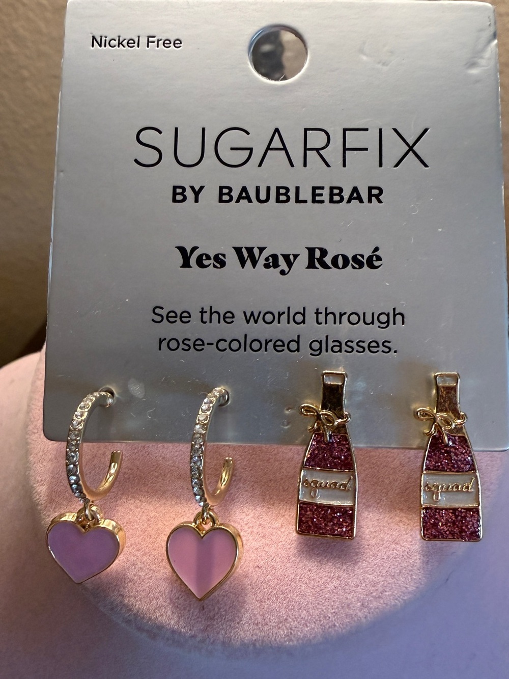 New Sugarfix BaubleBar Pink Heart & Glitter Rosé Bottle Earring Set